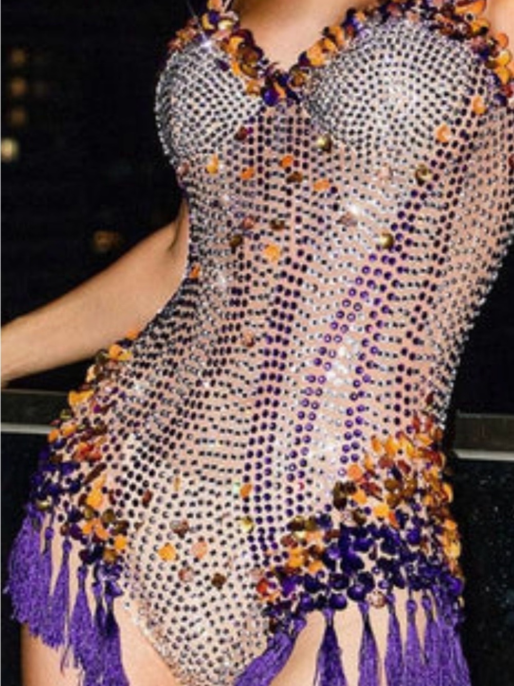 Eoin Rhinestone Fringe Bodysuit In Purple/Gold/Silver